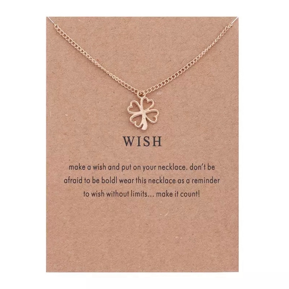 Wish Gold Lucky Clover Necklace Charm Pendant Inspirational jewelry w card